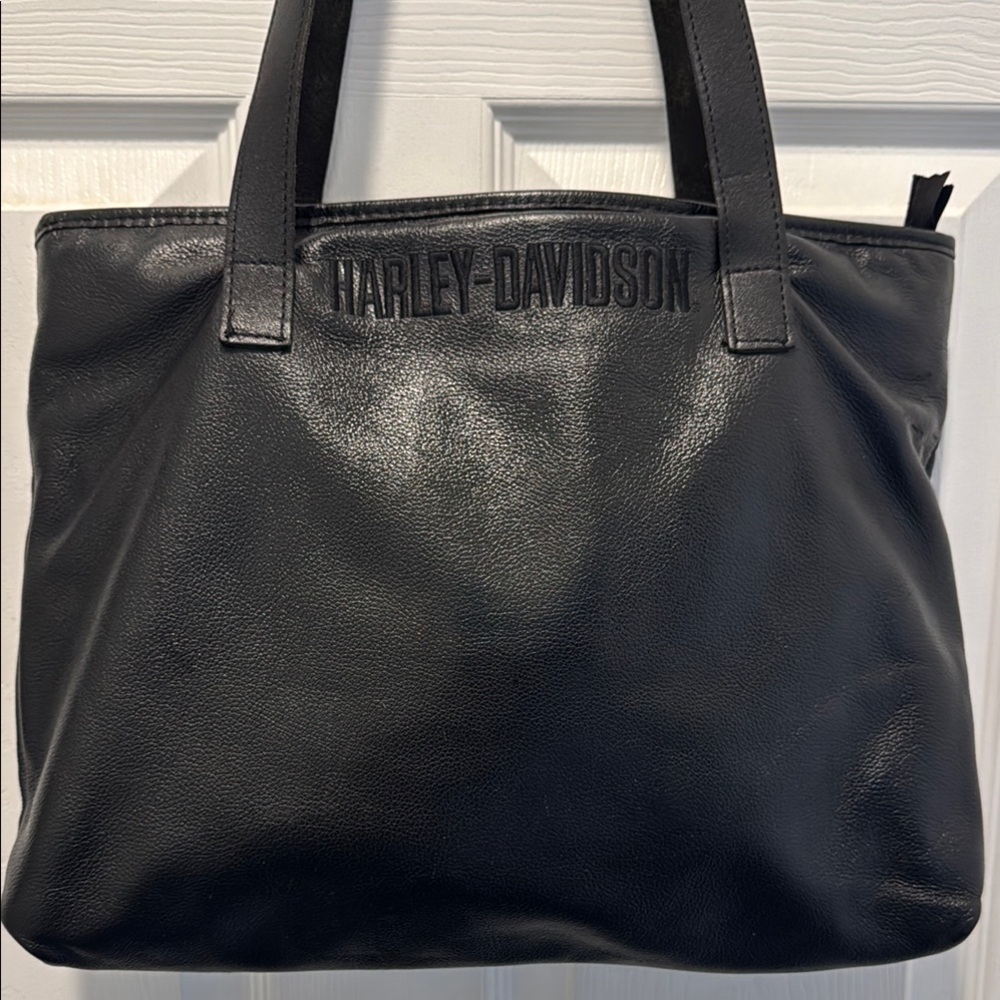 Harley-Davidson Metallic Leather Tote Shoulder Bag – Black/Charcoal
